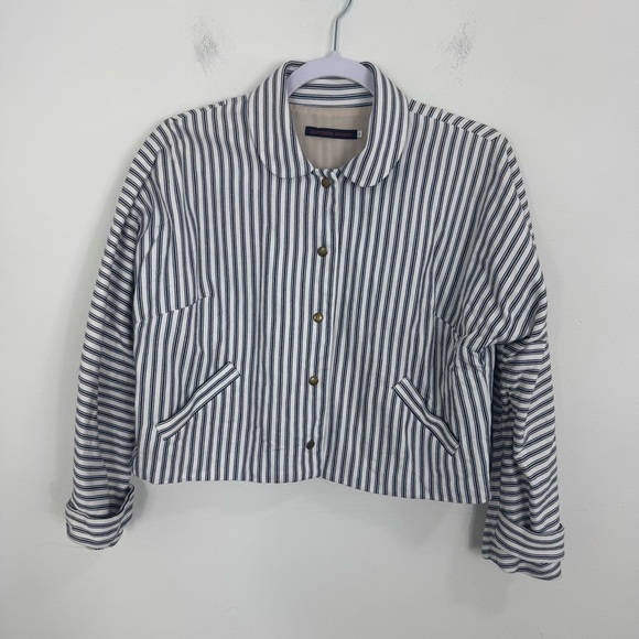 Harvey Faircloth Women’s White Blue Stripes 100% Cotton Long Sleeve Jacket SZ 2 - Picture 1 of 12